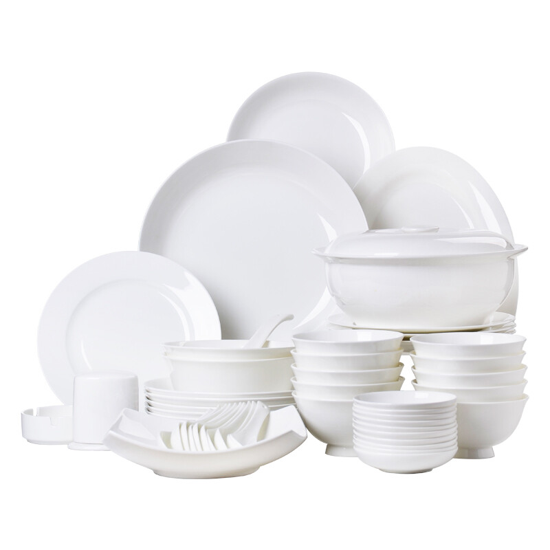 Red peony pure white bone china tableware set ceramic bowls and dishes complete set household tableware set housewarming porcelain gift box pure white 10 people round configuration pot version 58-piece set