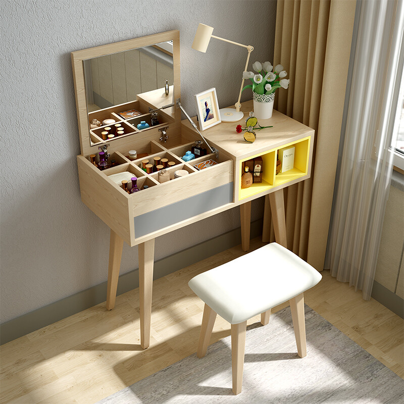 Leheju Dressing Table Nordic Stool Combination Simple Leheju Dressing Table Nordic Stool Combination Simple Storage With Makeup Mirror Log Color Yellow