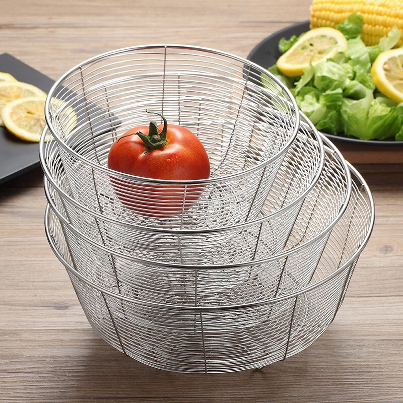Stainless steel drain basket for washing vegetables and fruits round drain basin vegetable and fruit basket hollow drain basket for washing vegetables and water control basin steel wire flat bottom fruit basket diameter 26cm drain basket