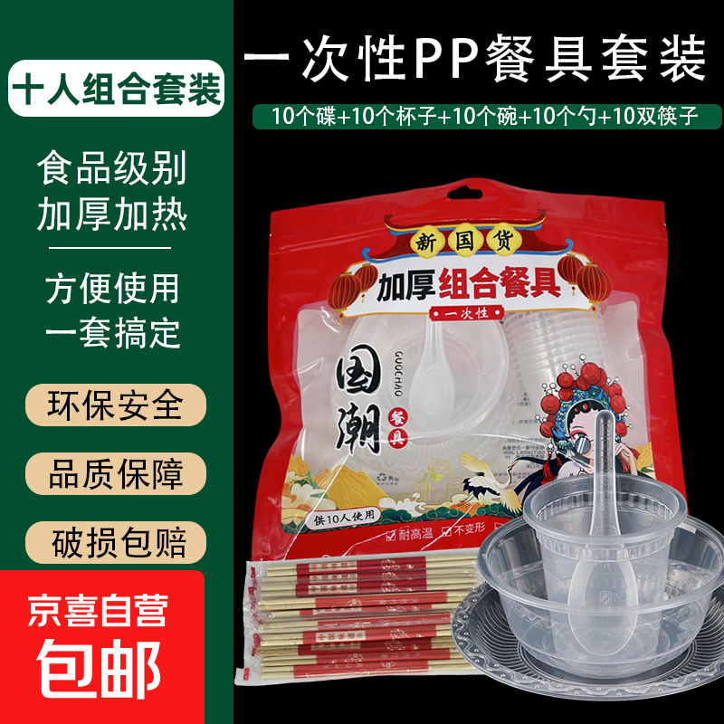 Disposable tableware crystal set thickened household food grade transparent thickened four-piece set outdoor camping PP set dishes spoon cup + chopsticks 2 packs 20 sets in total