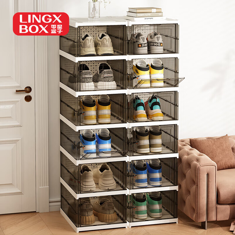 LINGX BOX sporadic box shoe box installation-free door shoe cabinet foldable storage transparent visible dust-proof shoe rack AJ basketball shoe all-in-one cabinet best-selling HOT transparent gray 12 pieces