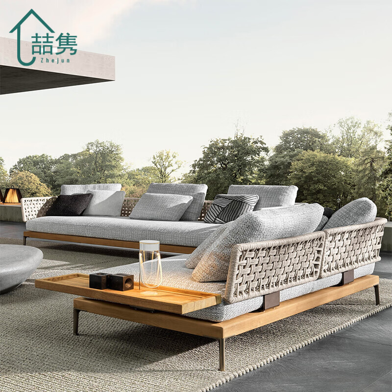 Zhejun outdoor courtyard garden leisure solid wood sofa furniture rattan chair villa hotel open-air sun room coffee table combination teak style-combination 1