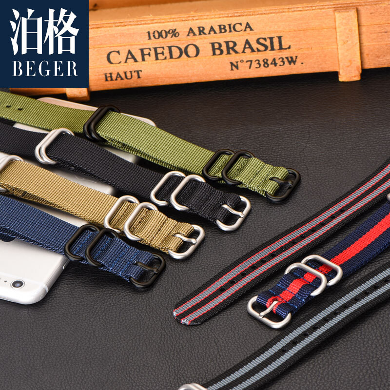 Pog nylon strap thickened canvas strap suitable for Omega Rolex Seiko Seamaster Citizen 20 Men 22 24 19# Green-Black Buckle 20mm