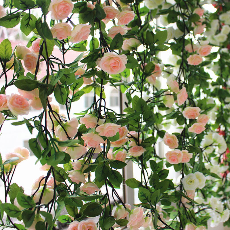 Artificial flower rattan decorative flower rose flower artificial flower rattan pipe wall hanging green plant artificial flower vine indoor balcony ceiling 69 champagne flowers 1