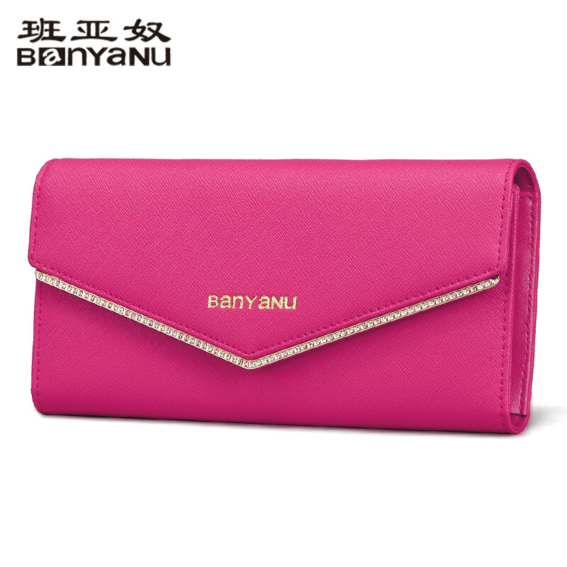 Banyanu 2025 new women's wallet women's long clutch leather large capacity diamond tri-fold wallet rose red