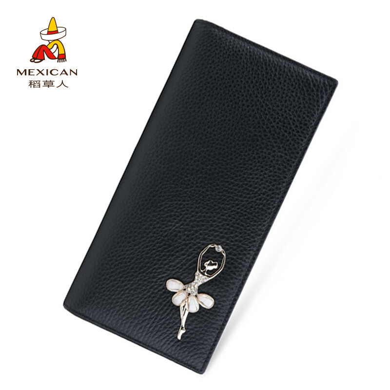 Scarecrow Women's Wallet Long Cowhide Fashion Korean Version Trendy Sweet Ballerina Girl Multi-Card Slot Hand Wallet Black