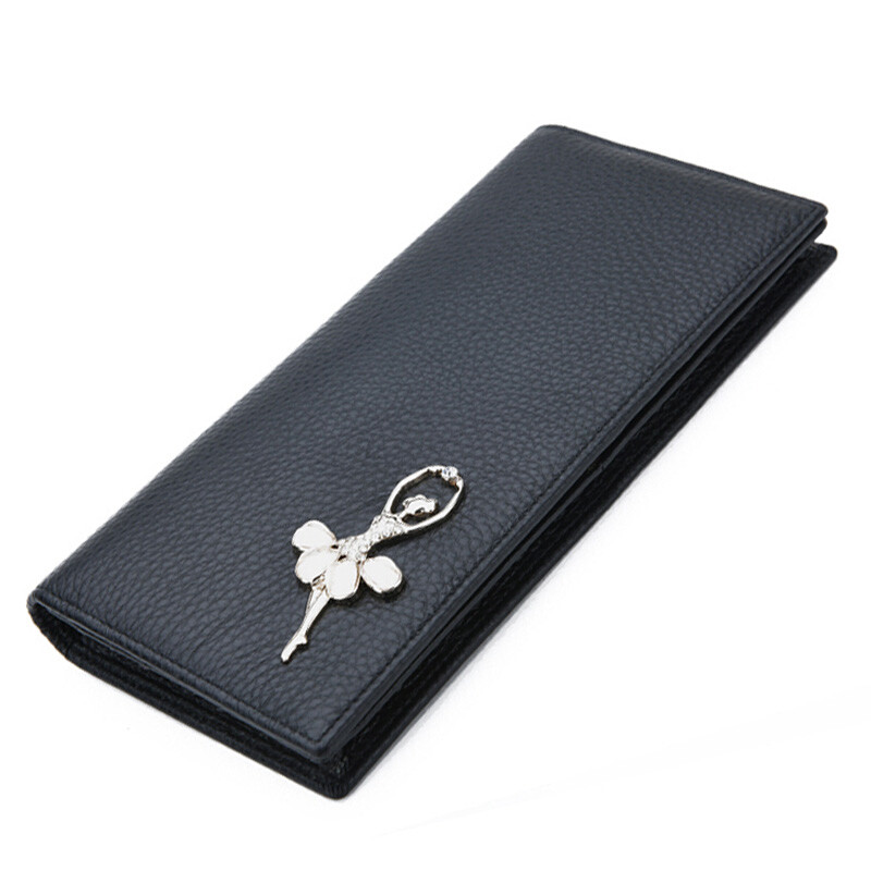 Scarecrow Women's Wallet Long Cowhide Fashion Korean Version Trendy Sweet Ballerina Girl Multi-Card Slot Hand Wallet Black