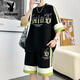 花花公子（PLAYBOY）短袖t恤男休闲套装男2024夏季华夫格短裤两件套圆领半袖男体.恤衫 DT681黑色套装 170 (约110~125斤可穿)