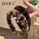 Zuoou plush hairband with toothed anti-slip hairpin for women, winter furry leopard print headband, furry hair hole headband for women, dark brown leopard print plush wavy