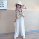 Baleinna girls suit summer suit 2025 new children's internet celebrity fashionable suspenders girls big children's pants little girls clothes summer style floral suspenders + white pants 150cm