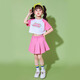 YAWULFE幼儿园啦啦队六一儿童节演出服可爱风粉色短袖拉拉操舞蹈表演服装 605粉白拼色短袖+701粉色短裤 120cm