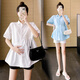 Top de maternité de la mère de Ranqi dans la couverture d'été Belly 2025 Nouvelle petite chemise à manches courtes Summer Sumy Fashion Summer Blue Top (Single Piece) L