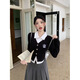 Mu Ni fake two-piece long-sleeved shirt Polo collar top black spliced short slim college style commuting outer layer black top fake two-piece M size recommended 80-100Jin Jin is equal to 0.5 kg
