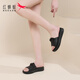 Zapatillas de libélula roja para la planta espesa de la mujer y el verano de la sola primavera y el verano de la sola de productos para el hogar para uso doméstico de mediana edad y ancianos para zapatillas de cuero al aire libre altura de tacón negro 4 cm 37