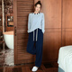 MEIYANG winter island home wear densely woven half-velvet warm color-blocked round neck top casual pants fashionable temperament suit for women blue XL
