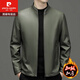 Pierre Cardin high-end genuine leather men's jacket spring, autumn and winter motorcycle slim casual middle-aged men's first-layer genuine cowhide jacket, stand-up collar green plus velvet 170/M