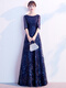 Yingwen temperament evening dress for women 2024 new high-end banquet long annual meeting host music art test party dress navy M