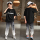 
McTicco boys summer fashion brand sports suit children 2025 new short-sleeved trousers in summer medium-sized children's trendy handsome and fashionable 1391 black + 5725 gradient color [ice silk] 150cm