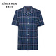 Mr. Aimu [gleicher Stil im Einkaufszentrum] 22SS verwöhnt seidige Plaid-Männer-Pyjamas Home Revers Strickjacken kurzärmelig NS41F684 Dunkelblau Plaid YH8 XL (175)