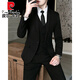 皮尔卡丹（pierre cardin）男士西服套装韩版商务职业正装伴郎修身毕业礼服结婚西装三件套男 两扣黑色【西服+裤子+衬衫】腰带 M