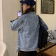 Maxi denim jacket for women spring Korean style retro slim loose bf versatile student denim jacket top blue M