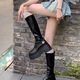 Feiyao Black Long Tube Martin Boots Женские весенние и осенние рыцарские кожаные ботинки высокие каблуки Толстая подошва средняя труба Британский ветровой мотоцикл 36 Эластичные скидные ботинки высота 7 см 7 см.
