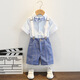 Bear Elf (Xiaoxiongjingling) Jungenkleid Sommer-Kinderanzug hübscher kleiner Jungen Blumen Boy Host Overss Chors Performance Anzug kurzärmeliges Hemd + Blau-Gitter-Shorts + Fliege + Riemen 120 Größe (empfohlenes Gewicht 37-43 Jin [Jin gleich 0,5 kg]))