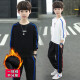 2022 new autumn and winter children's clothing boys' suits plus velvet and thickened gold velvet two-piece set for medium and large children's cotton-padded clothes, children's fashionable sports sweatshirts and pants, little boys' winter clothes, trendy black and white models - black two-piece set [tops + pants] 140