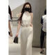 Xi Xuchen Street Internet celebrity style jumpsuit for women 2022 summer design neckband off-shoulder high-waist slimming jumpsuit trendy off-white [belt] M [recommended 95-105Jin [Jin equals 0.5 kg]]