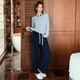 MEIYANG winter island home wear densely woven half-velvet warm color-blocked round neck top casual pants fashionable temperament suit for women blue XL
