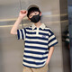 
McTicco boy polo shirt short-sleeved 2025 children's summer striped t-shirt big children's summer half-sleeved street-fried top trend 9850 blue + 5798 khaki [set] 160