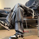鲁宾克美式复古牛仔裤男春秋季直筒宽松高街阔腿长裤潮牌痞帅hiphop裤子 YC-7170黑色 L
