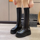 Feiyao Black Long Tube Martin Boots Женские весенние и осенние рыцарские кожаные ботинки высокие каблуки Толстая подошва средняя труба Британский ветровой мотоцикл 36 Эластичные скидные ботинки высота 7 см 7 см.