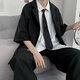 Nasalike [set de cuatro piezas] Summer Traje pequeño traje para hombres Traje suelto Chaqueta de traje suelto Estudiante DK Clase de clase Men Black + Short White Shirt + Tie + Casual Pants l