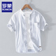 
Romon pure cotton striped short-sleeved shirt men's stand collar white loose breathable short-sleeved casual inch shirt round neck Japanese trendy YY9721 sky blue lapel L