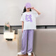 Pig Pitt (Pig/Peter) Girls Summer Sweet Set 2025 New Fashionable Children's Medium Medium Grande para niños Set de dos piezas de dos piezas Ropa informal de verano 15009 Purple + 9905 White 140 cm