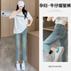Yi Baiyi maternity pants in spring and summer new style of maternity jeans outside wearing new straight-leg pants casual pants spring and summer nine-point pants retro light blue XL