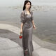 Question floating black suit for women summer fashion two-piece temperament fashionable skirt 2024 summer new temperament sunscreen J683 gray XL [suggested 115130Jin [Jin equals 0.5 kg]]
