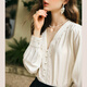 Olrain Elegant V-neck Long Sleeve Shirt Women's Autumn Lazy Style Spliced Lace Top Laurel Apricot XL