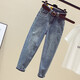 Jeans de Fanqu para pantalones de nueve puntos para mujeres para pantalones de zanahoria desgarrados de verano tubos de humo suelto retro con patas rectas de patas rectas azul 826 L Recomendado 110-120Jin [Jin equivale a 0,5 kg]
