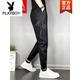Playboy (PLAYBOY) Men's autumn and winter plus velvet thickened casual foot pants elastic tying feet windproof waterproof motorcycle leather black tying feet plus velvet 35