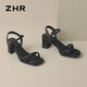ZHR凉鞋女夏季方头百搭鞋子女粗跟增高一字带女鞋 Y757 黑色 36 