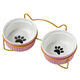 Naughty nest cat bowl with high legs and neck protection, double bowl fixed frame to prevent overturning pet cat and dog food bowl and water bowl, tilt to protect cervical vertebra, pretty powder, anti-black chin, gold frame + anti-slip pad, two bowls