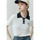 
Fan Silan 23FS12003 Contrast color embroidery knitted POLO collar commuting simple fashion knitted short-sleeved women blue apricot XS
