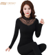 莫代尔秋裤秋衣女内穿套装性感棉毛衫棉紧身大码打底保暖美体蕾丝薄款 9905袖口蕾丝黑色 小码【80-斤体重】