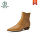 Woodpecker 2025 autumn and winter new low-heeled women's shoes side zipper pointed toe real soft leather women's nude boots special-shaped thick heel spliced short boots black 34