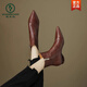 Woodpecker 2025 autumn and winter new low-heeled women's shoes side zipper pointed toe real soft leather women's nude boots special-shaped thick heel spliced short boots black 34