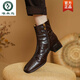 Specht bequeme Leder-Nacktstiefel Mode Slim Boots Frauen 2025 Herbst und Winter Neues weiches weiches Fersenquadrat-Toe Retro Short Stiefel Schwarz 38