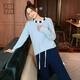 MEIYANG winter island home wear densely woven half-velvet warm color-blocked round neck top casual pants fashionable temperament suit for women blue XL