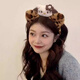 Mengkeduo cute leopard print kt cat headband girl face wash headband apply facial mask hairpin autumn and winter plush headband headwear kt cat ear headband beige